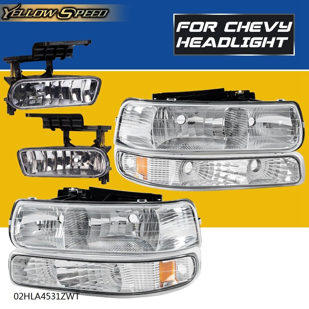 Bumper Chrome Headlights+Fog Lights Fit For 00-06 Suburban Tahoe 99-02 Silverado