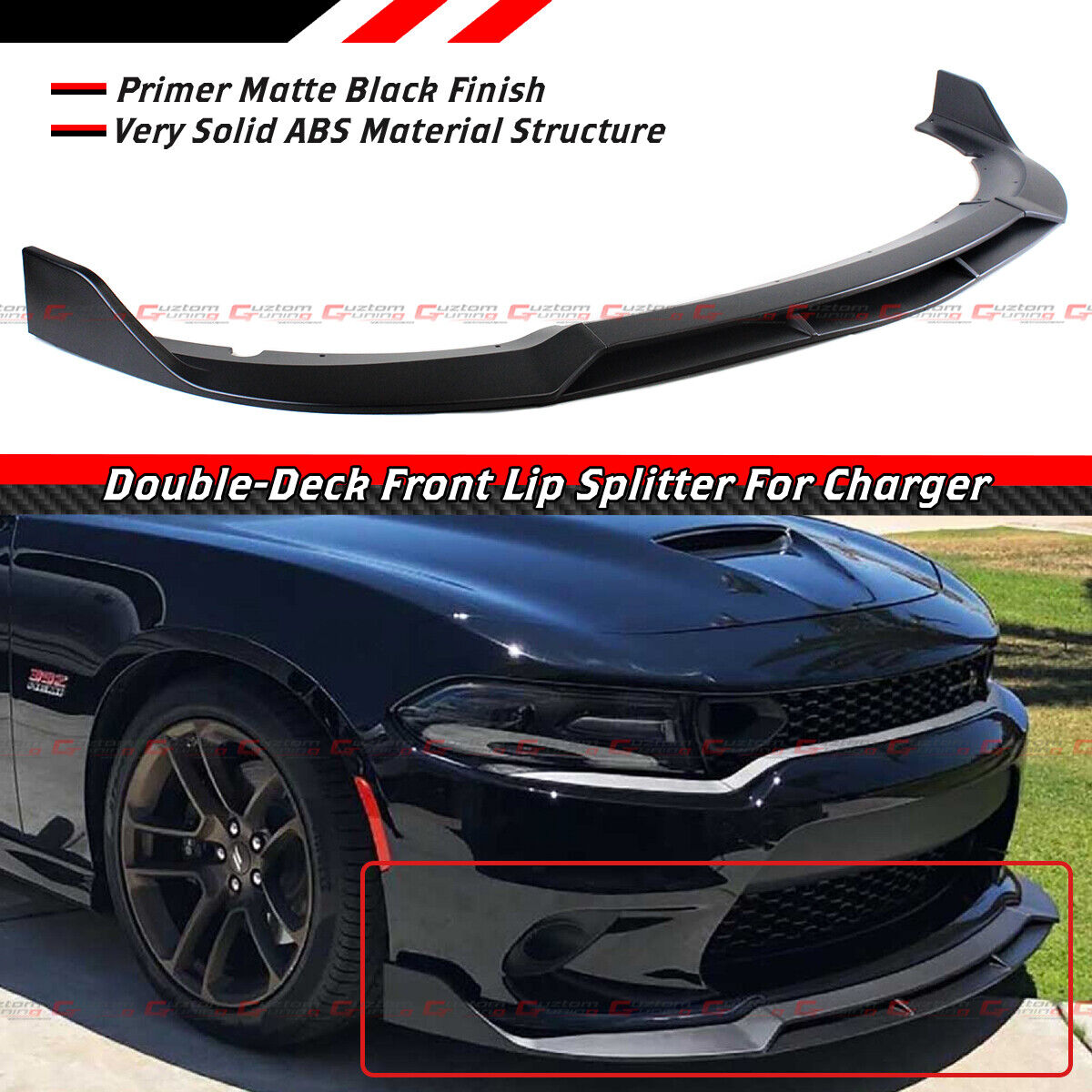For 2015-2022 Dodge Charger SRT Double Deck Matt Black Front Bumper Lip Splitter