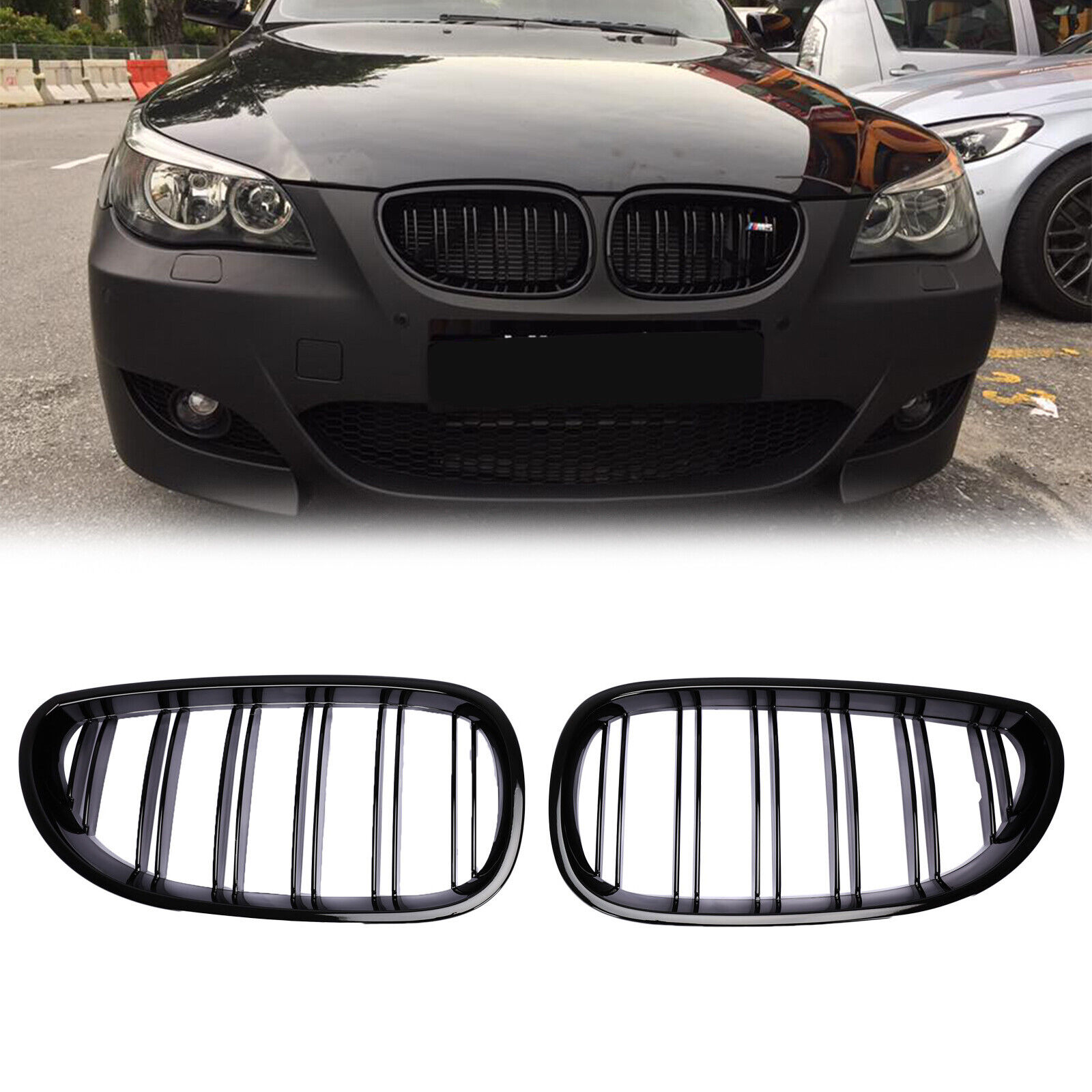 Pair Gloss Black Front Kidney Grille Grill For BMW E60 E61 5 Series 2003-2010