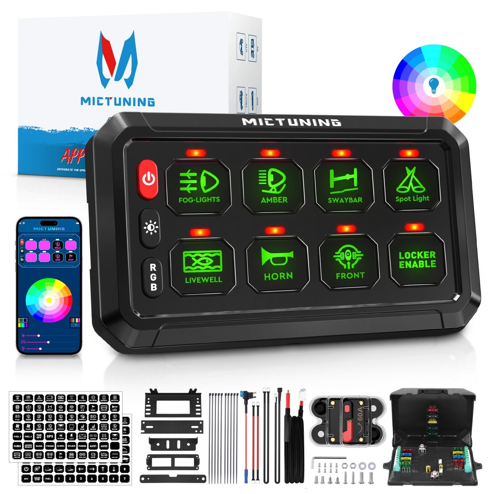 MICTUNING 8 Gang Switch Panel RGB Led Auxiliary Power Switch Relay System Marine