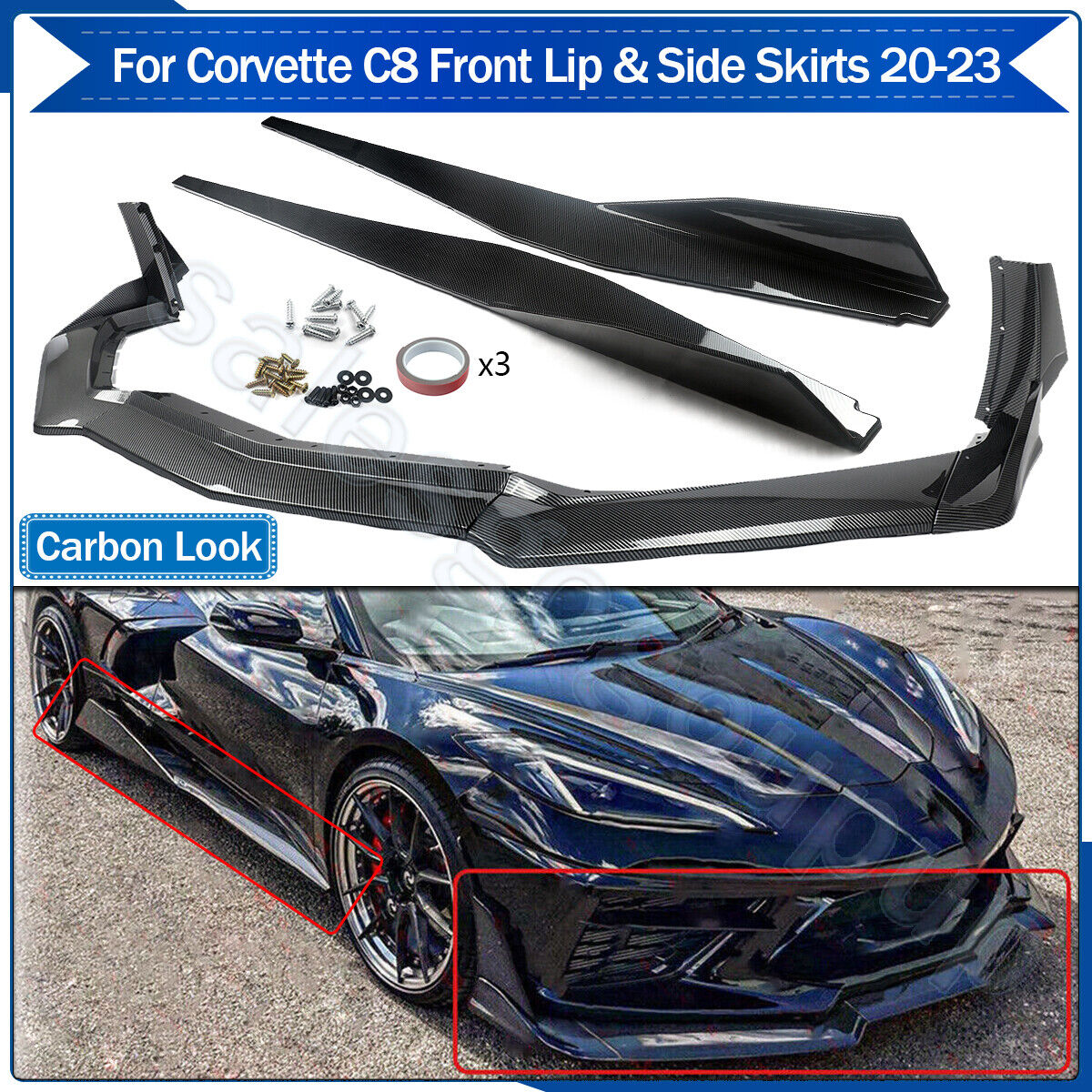 Fits 2020-23 Corvette C8 Front Lip + Side Skirts Extension Lip Carbon Fiber Look