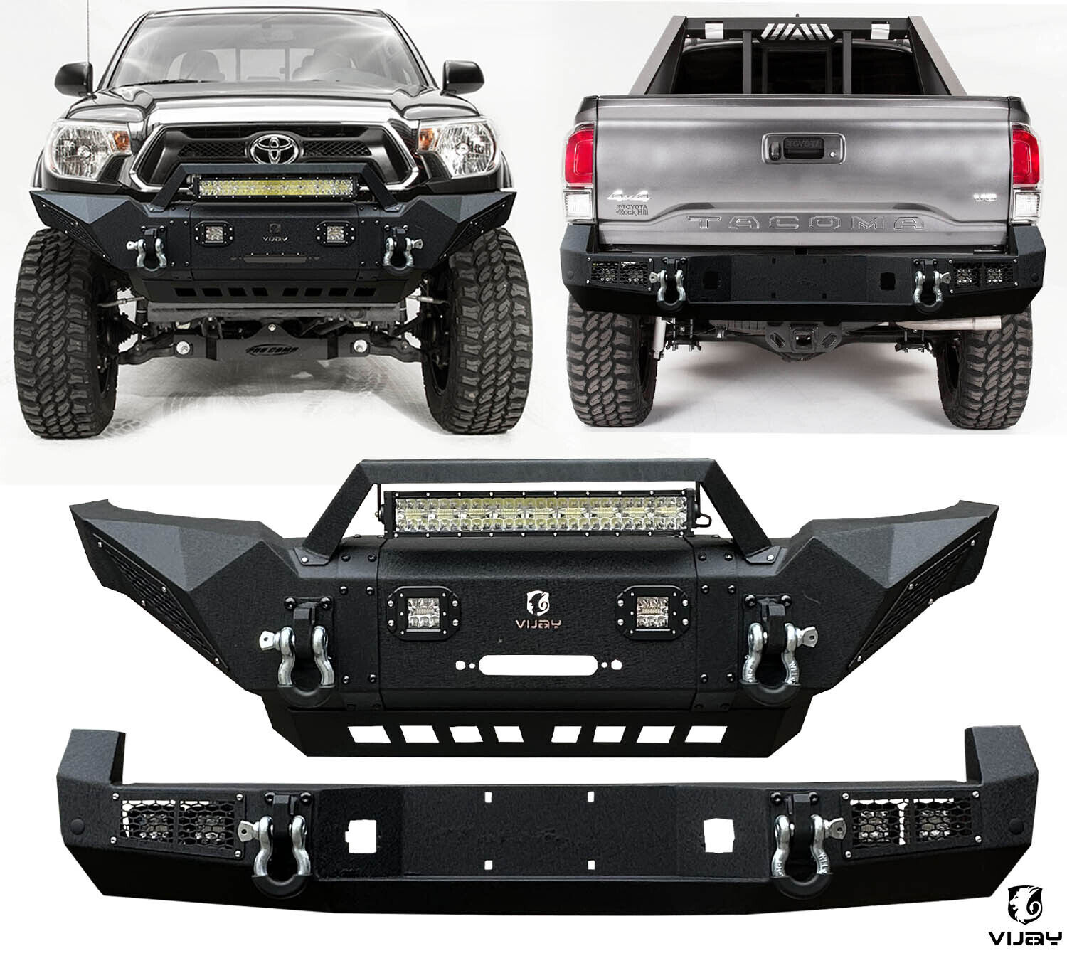 Vijay For 2005-2015 Toyota Tacoma New Front/Rear Bumper W/Winch Plate&LED Lights