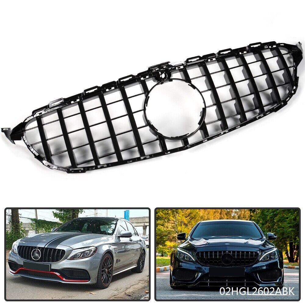 Black GT-R Grille Fit For Mercedes Benz W205 C Class 2015-2018 W/ Camera Hole