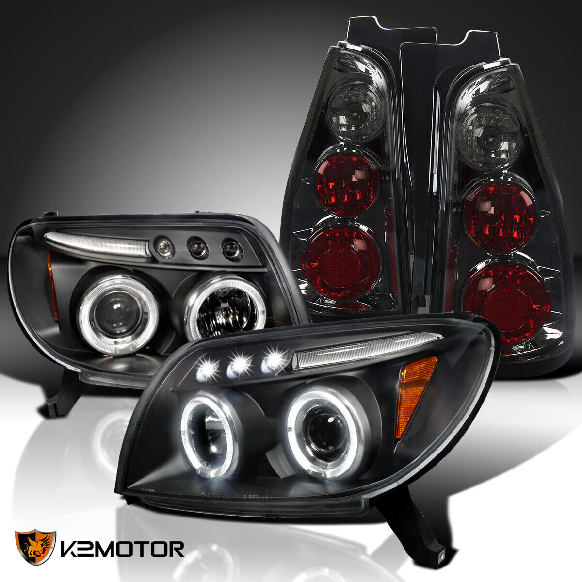 Fits 2003-2005 4Runner Black LED Halo Projector Headlights+Smoke Tail Brake Lamp