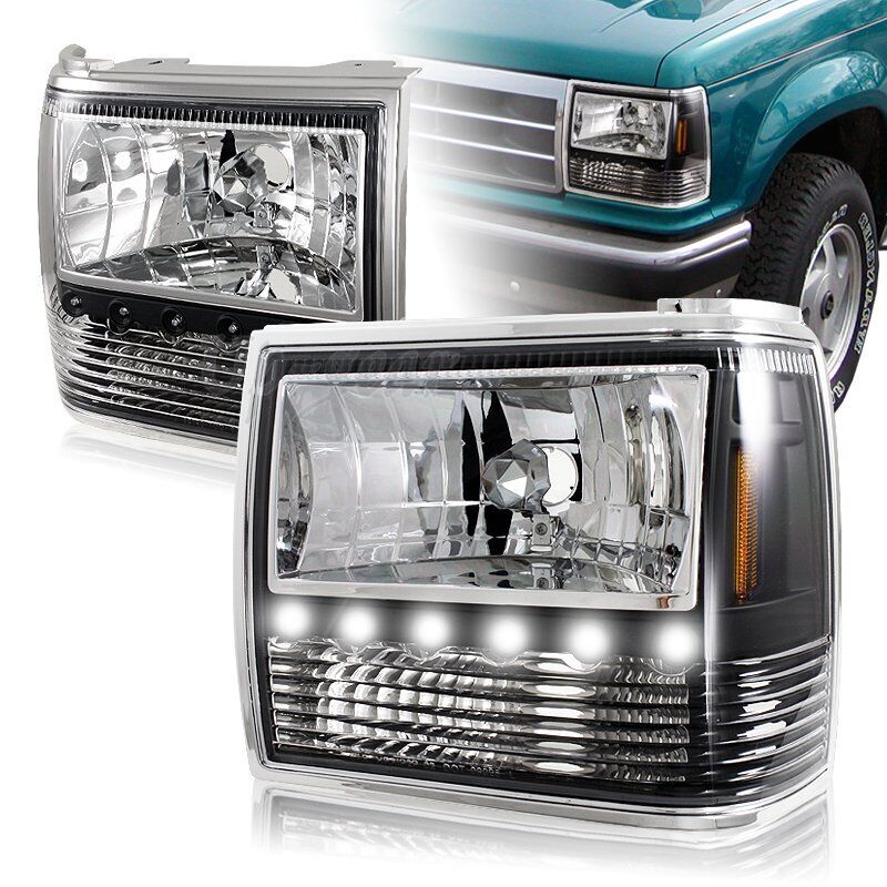 For 1989-1992 Ford Ranger Black Housing 1-Piece LED HeadLights+Bumper+Corner