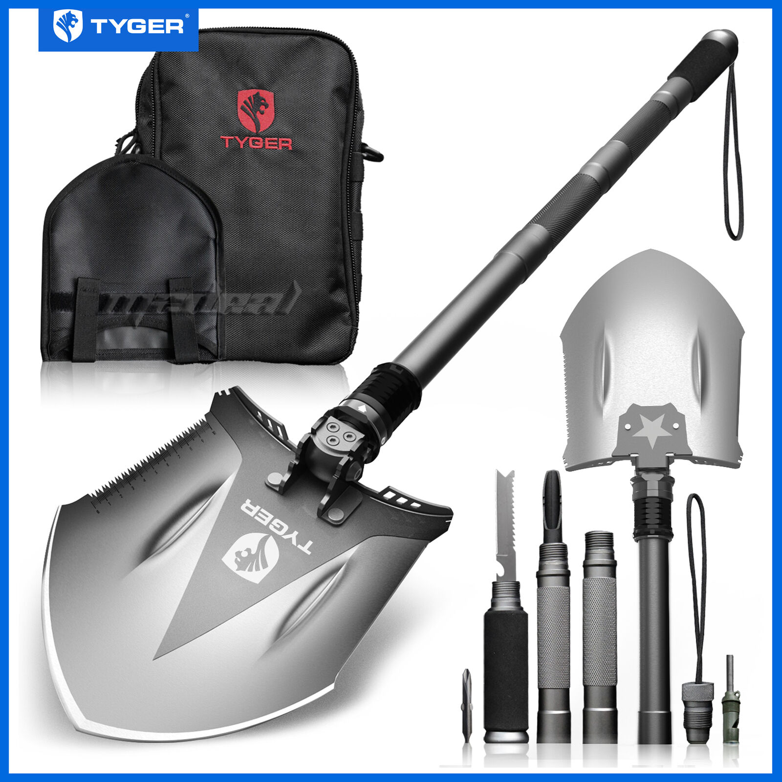 TYGER Shovel Military Heavyduty Folding Compact Tool with 16-In-1 Multifunction