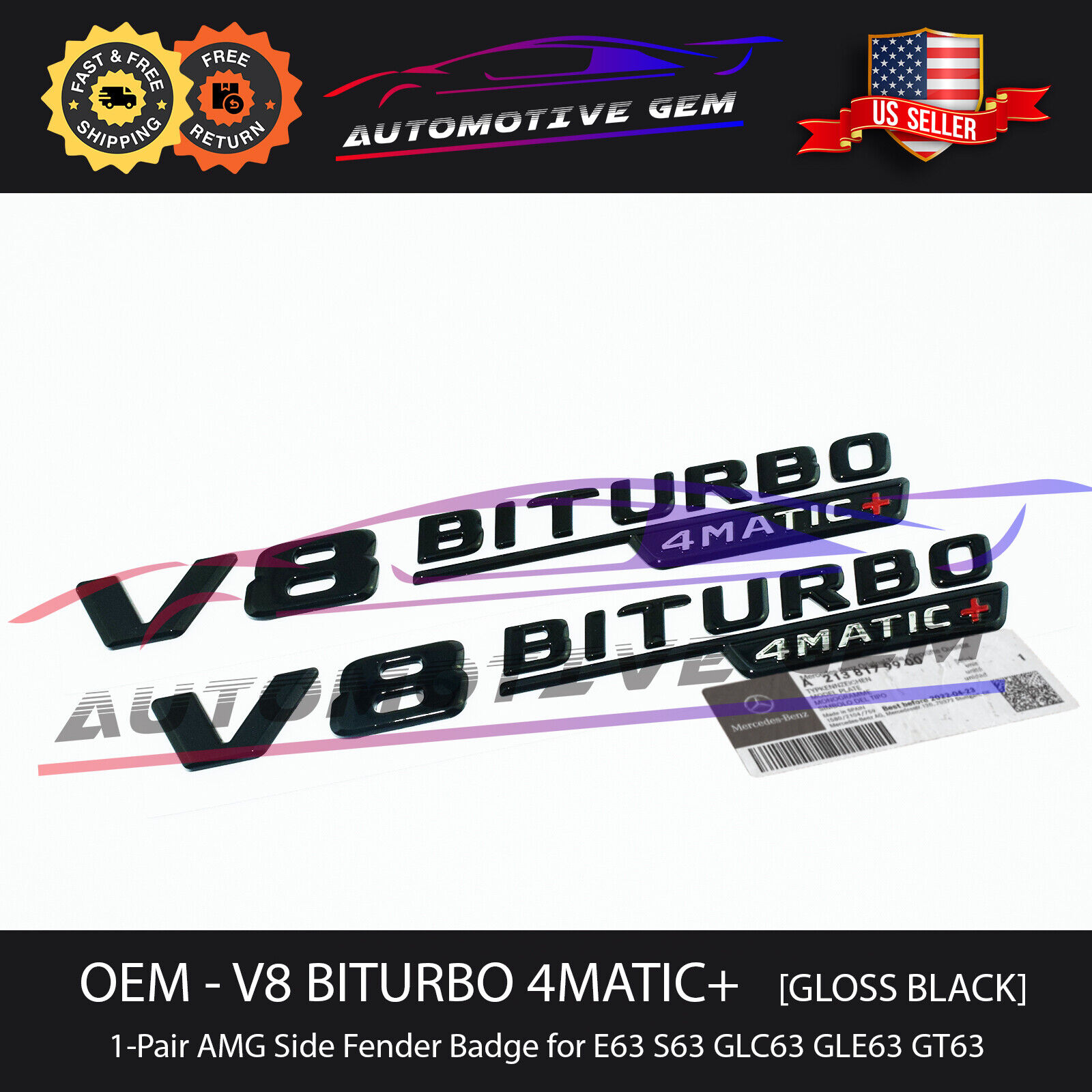 OEM V8 BITURBO 4MATIC+ Plus Fender AMG Emblem Gloss Black Mercedes E63 S63 GT63