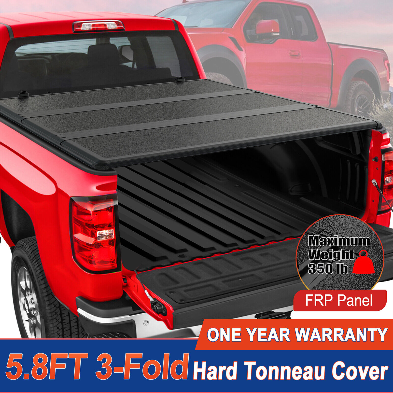 5.7/5.8FT 3-Fold FRP Hard Tonneau Cover For 2009-2024 Dodge Ram 1500 Truck Bed
