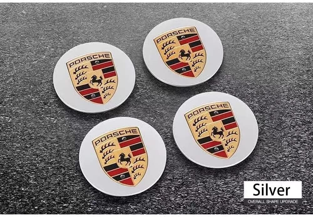 4x PORSCHE Crest Center Caps SILVER 65MM FOR MACAN ONLY 4S GTS TURBO