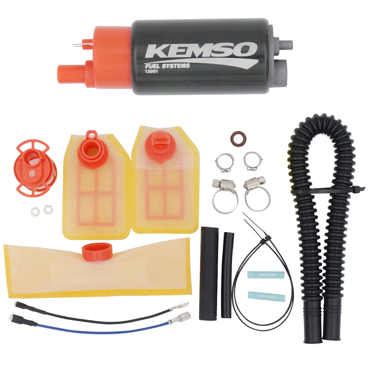 KEMSO 13001 Fuel Pump + Strainers, O-ring, Wiring, Flex/Rubber hoses, Clamps