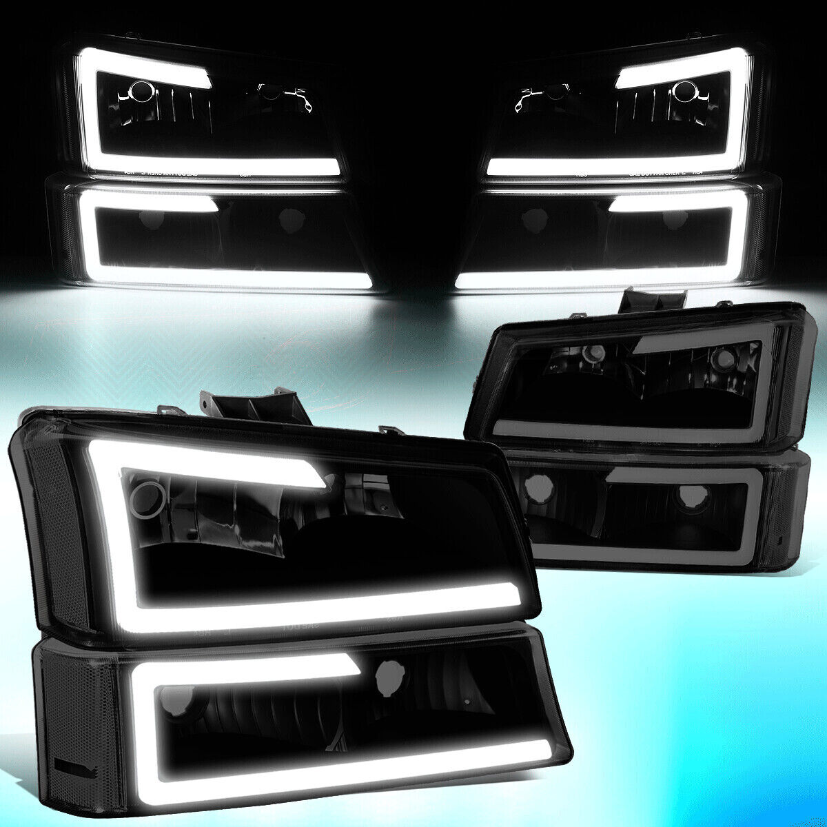 For 2003-2007 Silverado Avalanche LED DRL Bar Headlight Bumper Lamp Tinted Lens