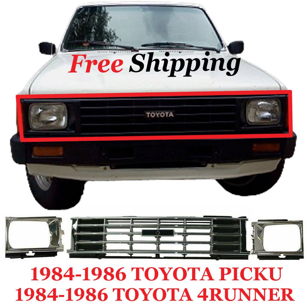 New Front Grille Chrome And Headlight Door TOYOTA PICKUP Fits 1984 85 1986 3Pic