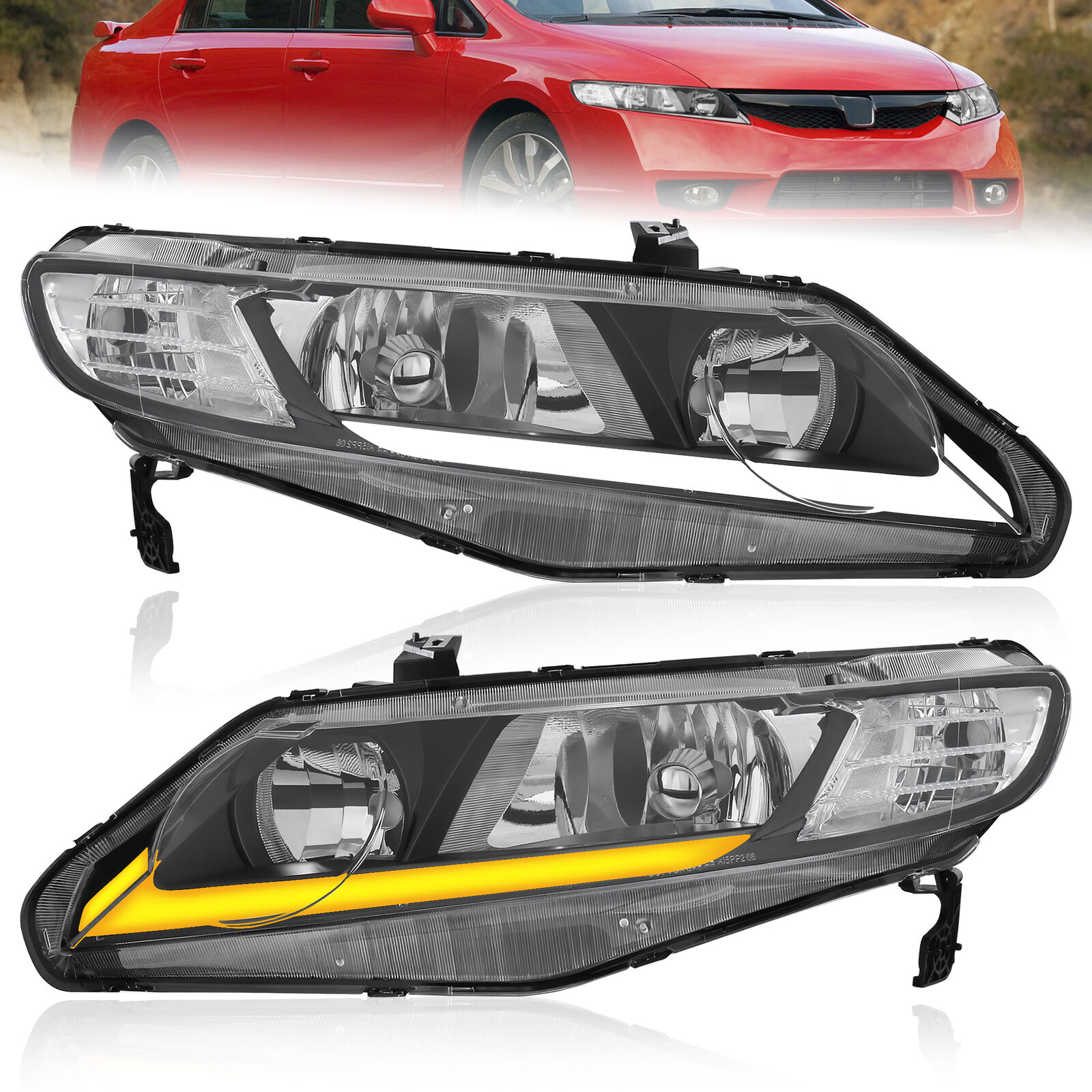 2X LED DRL Headlights w/ Sequential Signal For 06-11 Honda Civic 4-Door Sedan