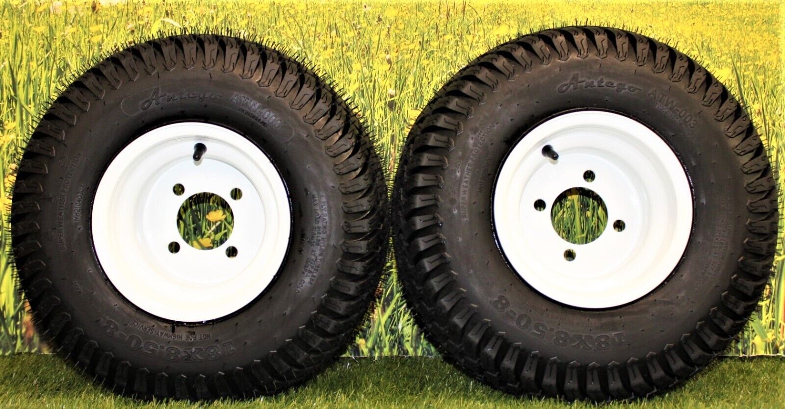 18x8.50-8 Turf Tires on 8x7 White Steel Wheels Compatible with Golf Carts
