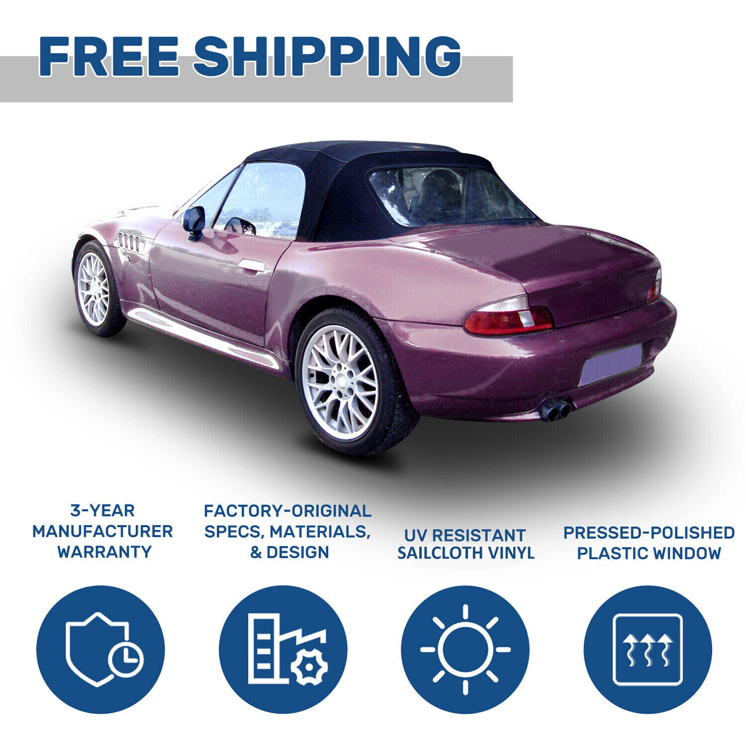 For 96-02 BMW Z3 Convertible Soft Top Replacement & Plastic window Black & Clear