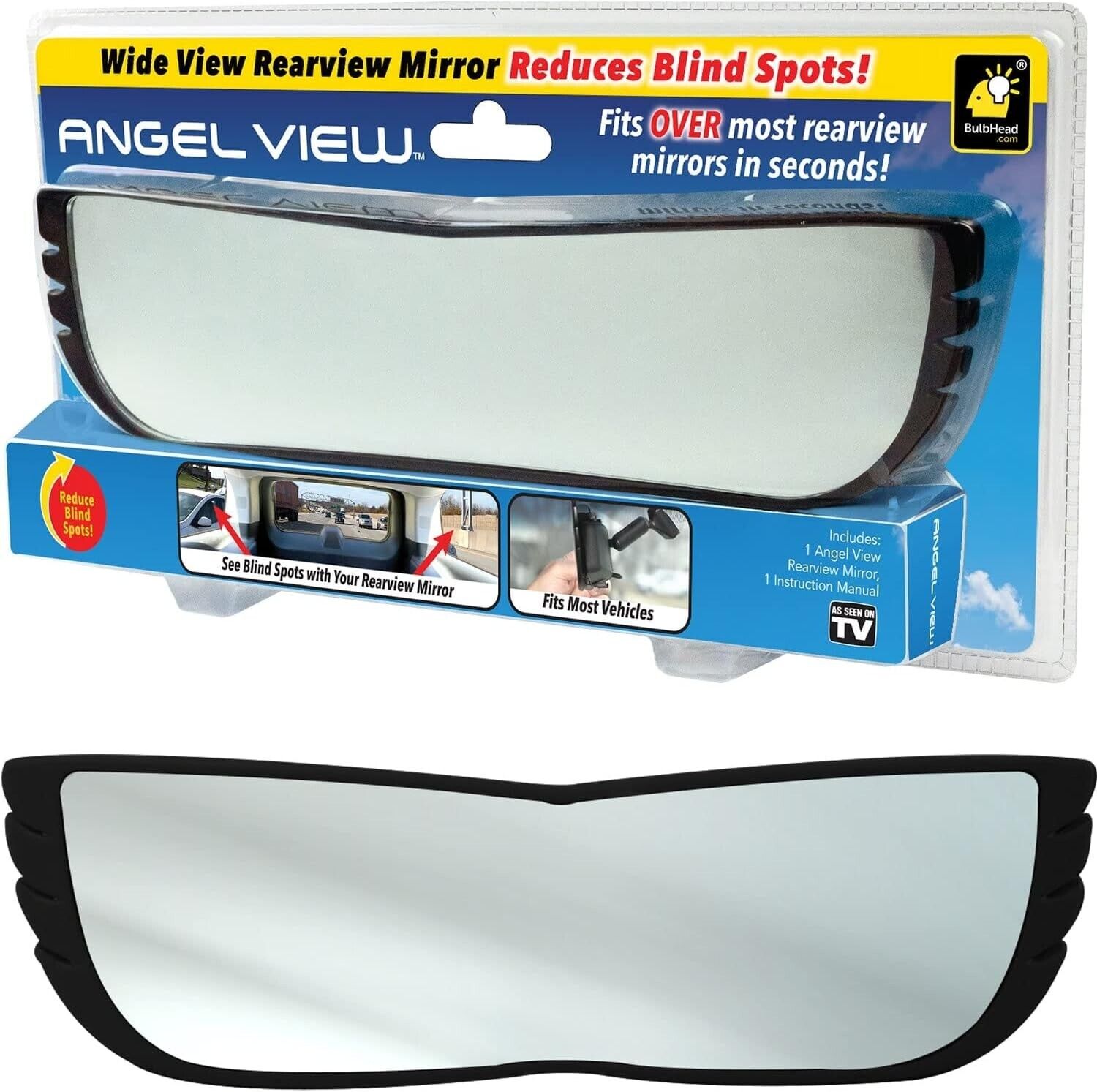 OPEN BOX  Angel View Wide-Angle Rearview Mirror AS-SEEN-ON-TV Fits Most Cars