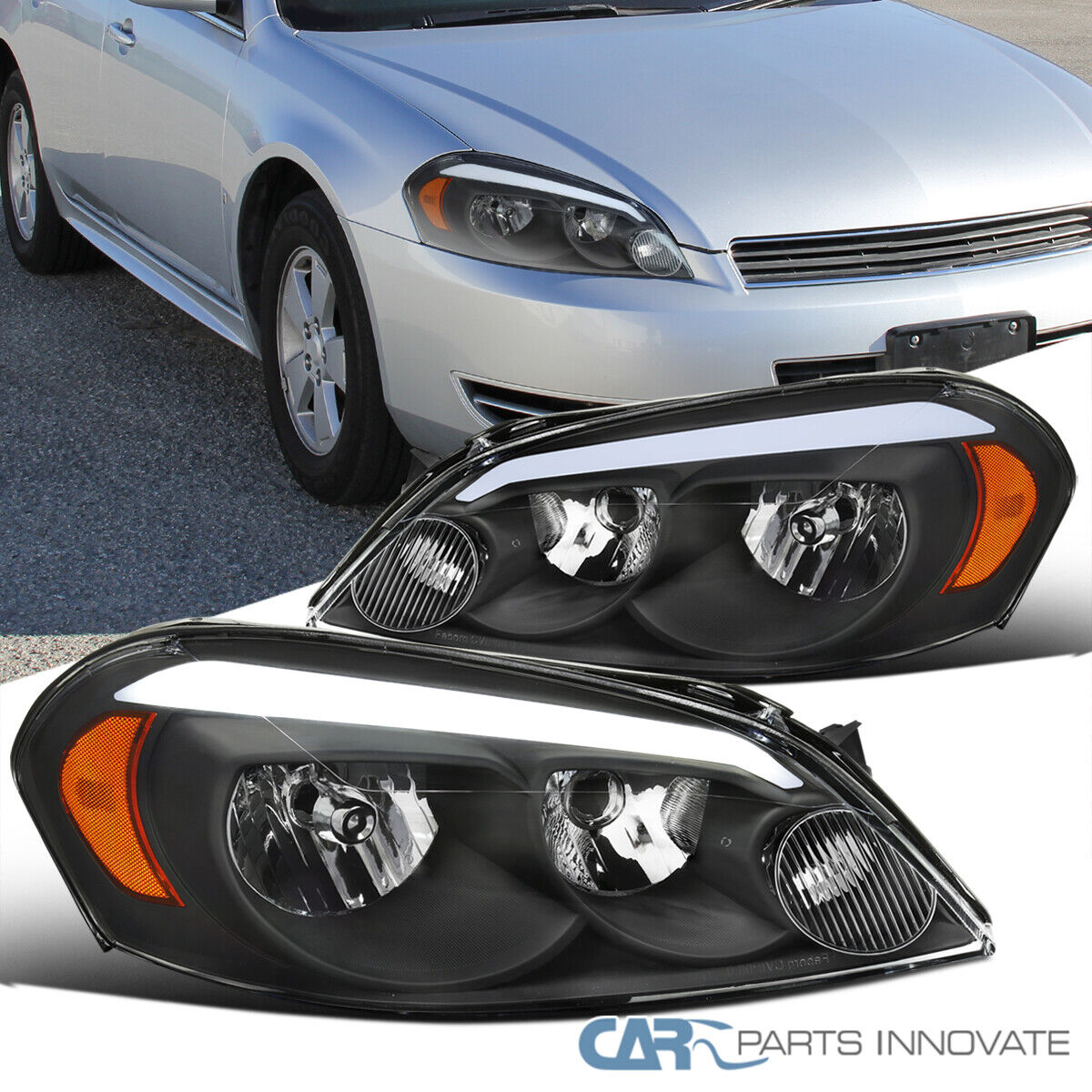 Fits 06-13 Impala 06-07 Monte Carlo Black Headlights Lamps w/ LED Strip Bar Tube