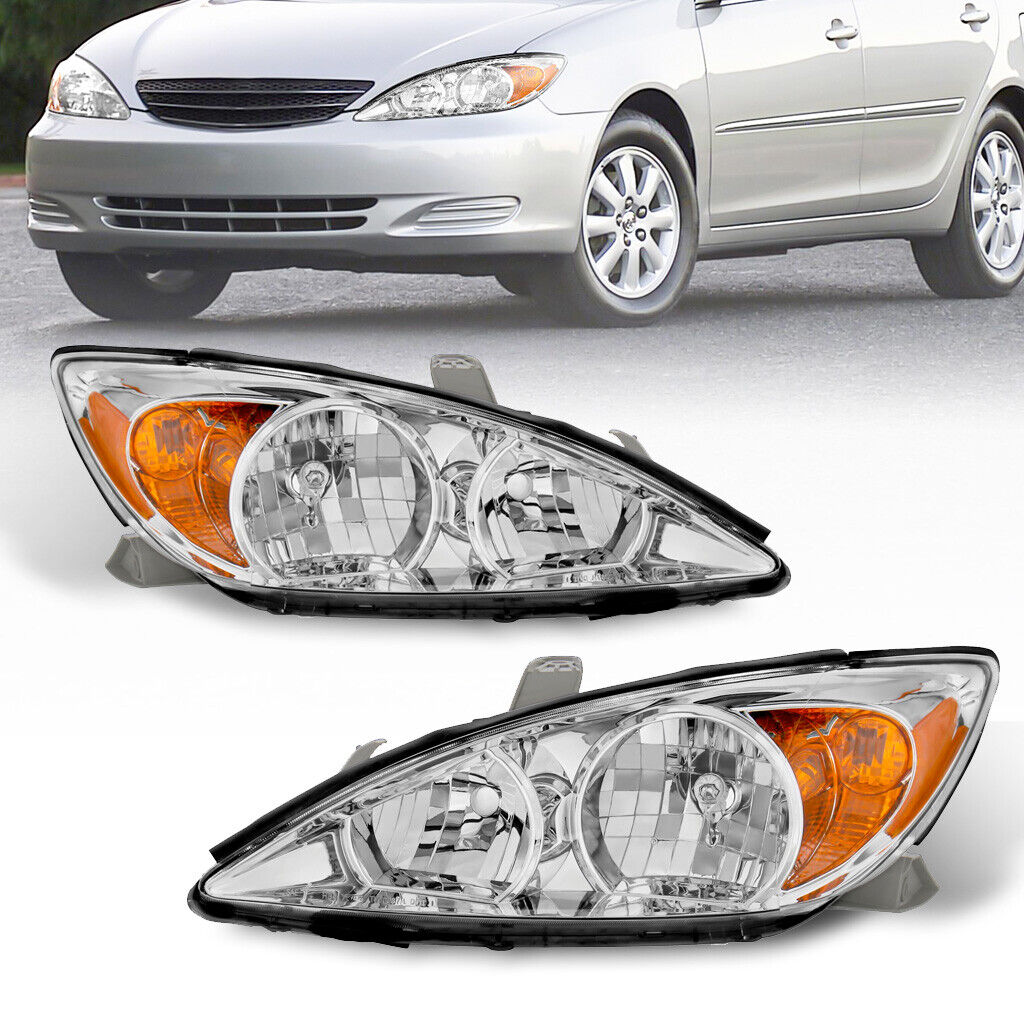 Pair Chrome Headlights Headlamp w/ Amber Reflector For 2002-2004 Toyota Camry