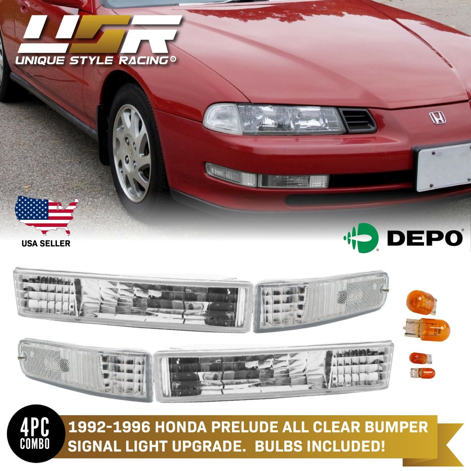 4PCS DEPO COMBO Set Clear Bumper Signal Lights Fit For 1992-1996 Honda Prelude