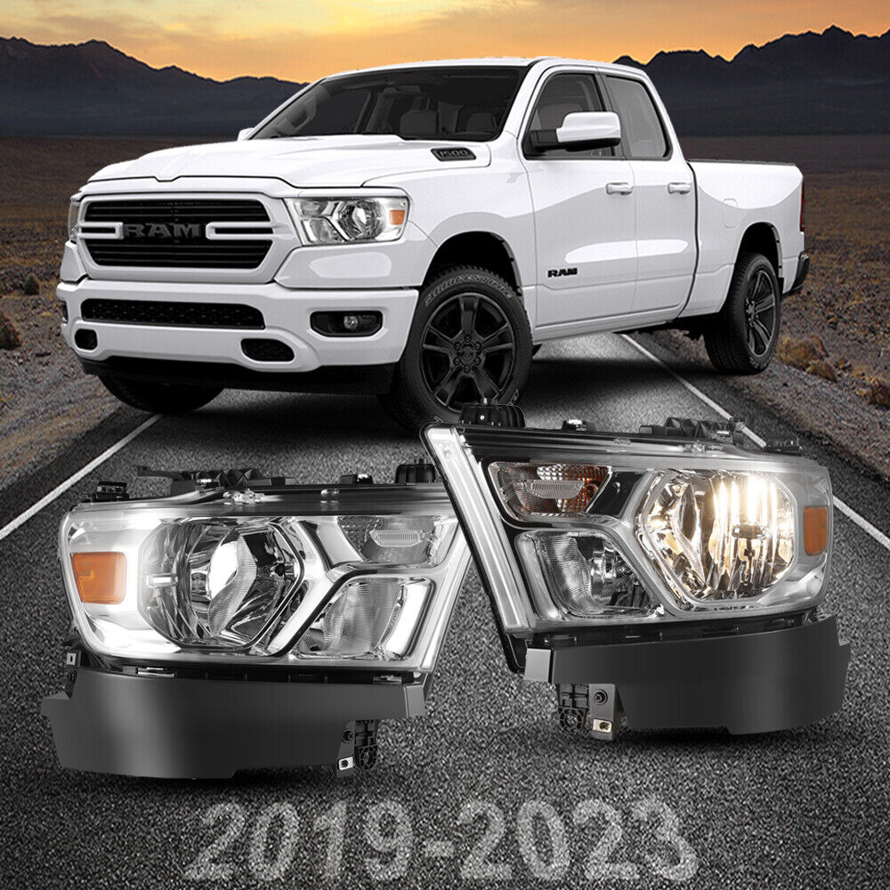 Chrome Headlights for 19-22 Dodge RAM 1500 Factory Style Halogen Headlamps LH&RH