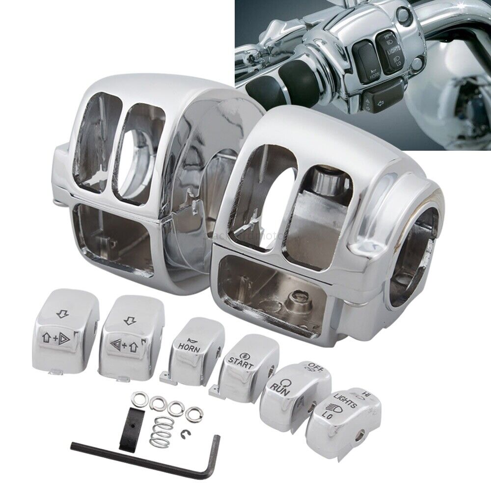 Chrome Handlebar Control Switch Housing Cover  6x Cap Buttons For Harley 96-13