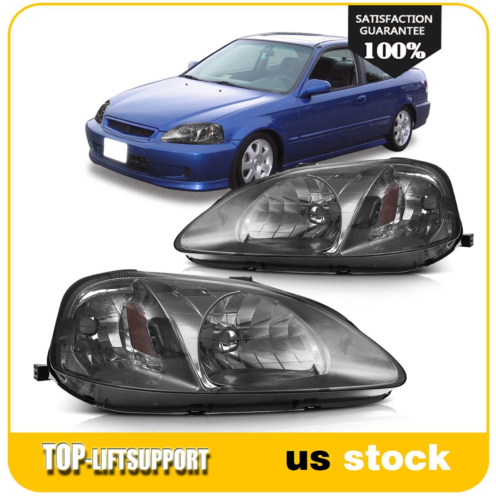 For 1999-2000 Honda Civic Headlights Assembly Front Headlamps Black Light Pair