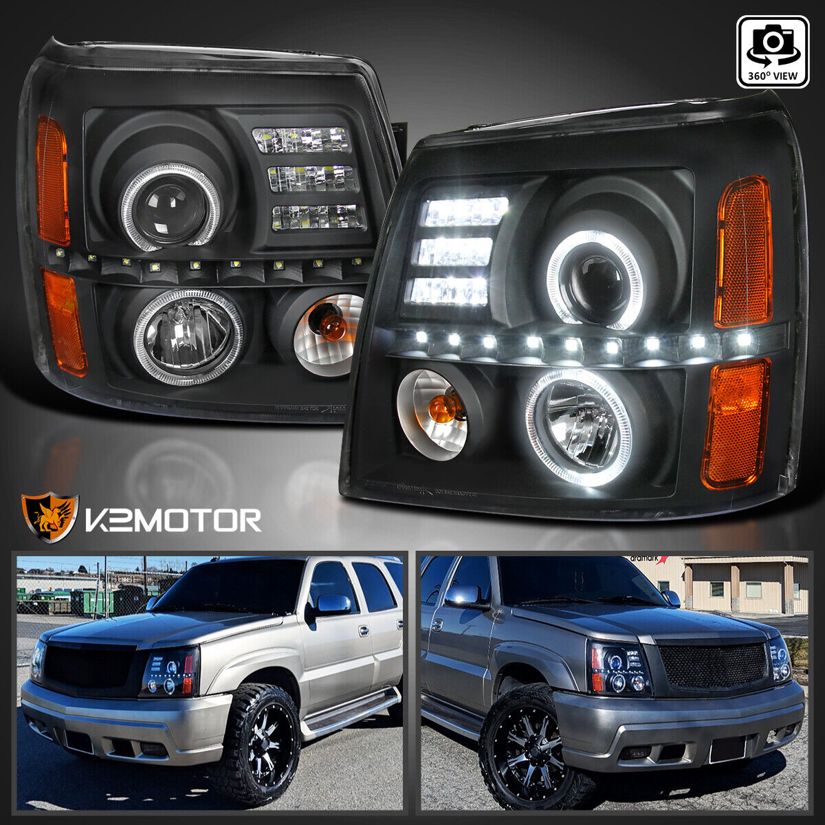 Black Fits 2002-2006 Cadillac Escalade LED Halo Projector Headlights Lamps L+R