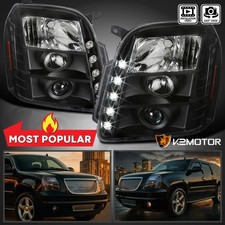 Black Fits 2007-2014 GMC Yukon Denali LED Strip Projector Headlights Lamps L+R picture