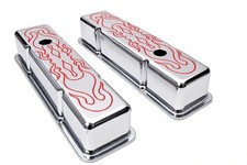 1958-86 Chevy Chrome Valve Covers Tall SBC 283 305 327 350 400 Red Flames picture