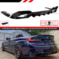 FOR 19-22 BMW G20 330i M340i CTM STYLE GLOSS BLACK REAR DIFFUSER W/ CORNER SPATS picture