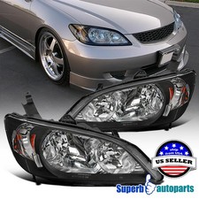 Fit 2004-2005 Honda Civic Headlights 04-05 2Dr Coupe 4Dr Black Replacement Lamps picture