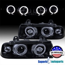 Fit 1992-1998 BMW E36 318i 325i Glossy Black Halo Rim Projector Headlights Smoke picture