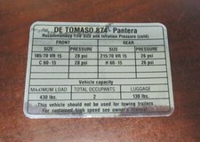 NEW 1973-74 DeTomaso Pantera Tire Size & Data Decal picture