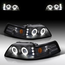 Fit 1999-2004 Ford Mustang GT Black LED Halo Projector Headlights Left+Right picture