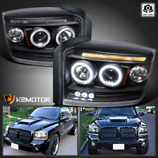 Black Fits 2005-2007 Dodge Dakota LED Dual Halo Projector Headlights Left+Right picture