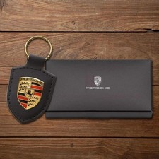 New Genuine Porsche Leather Fob Keychain, Black Crest Keyring: 2026 Design OEM picture