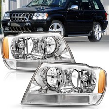 For 1999-2004 Jeep Grand Cherokee Chrome Headlights Amber Corner Headlamps Pair picture