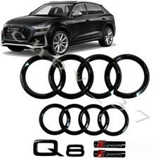 AUDI Q8 Emblem GLOSS BLACK Hood Trunk Ring S Line Rear Logo Badge Set 2019-23 picture