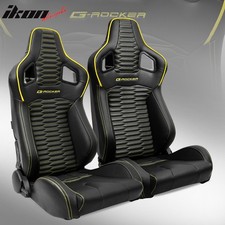 Universal 2x Reclinable Racing Seats Dual Slider PU Carbon Leather Yellow Strip picture