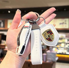 Porsche 3PC Key Case Set Shell Cover + Genuine Leather Strap + Crest Keychain picture