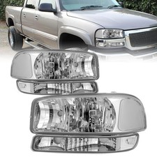 For 1999-2006 GMC Sierra/ 00-06 Yukon 4Pcs Factory Chrome Headlights+Bumper Lamp picture