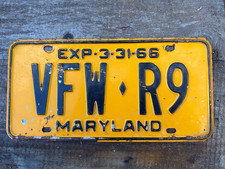 Vintage 1966 Maryland License Plate VFW R6 Yellow Black Exp 3-31-66 DMV Tag picture
