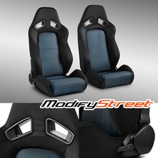 2 x Universal Black+Blue Mesh Fabric Reclinable Racing Seats Left/Right W/Slider picture