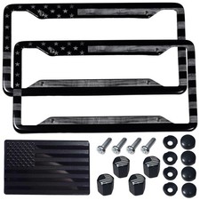 Black American Flag License Plate Frame 2 Pack + Valve Caps & Black Flag Decal picture