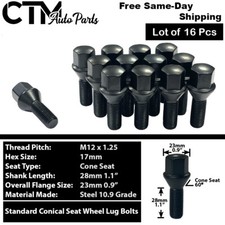 16x Black 12x1.25 Wheel Lug Bolts 28mm Shank Fit Fiat Peugeot Alfa Romeo & More picture