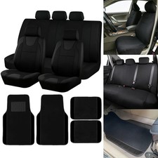 Universal Full Set Fabric Seat Covers Front Rear 5-Seat with Car Floor Mat Black picture