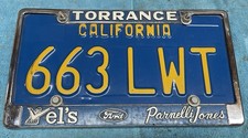 Vintage Vel’s Parnelli Jones Torrance CA License Plate Frame Blue Plate OEM ￼ no picture