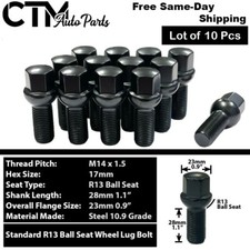 10x Audi Black 14x1.5 Ball Seat Wheel Lug Bolts 28mm Shank Fit Audi Stock Wheel picture