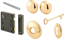 Vintage Lock Set Cast Steel Brass Knob Skeleton Key 2-1/2 Inch Backset Right picture