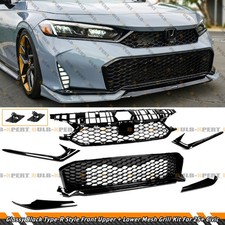 For 2025-2026 Honda Civic Gloss Black FL5 Style Front Upper + Lower Bumper Grill picture